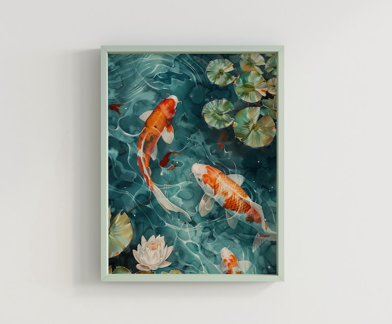 oi pond triptych print featuring three panels of vibrant koi fish swimming among lily pads in a tranquil pond. Aesthetic koi pond painting with a serene, zen-inspired design, perfect for Japanese home decor and modern interiors