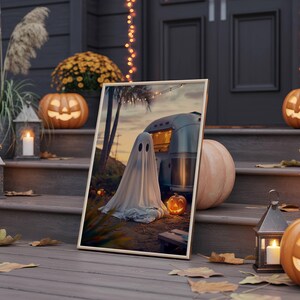Cute spooky Summerween ghost camping poster print, Halloween wall art with silver camper, pumpkins, and autumn lights.