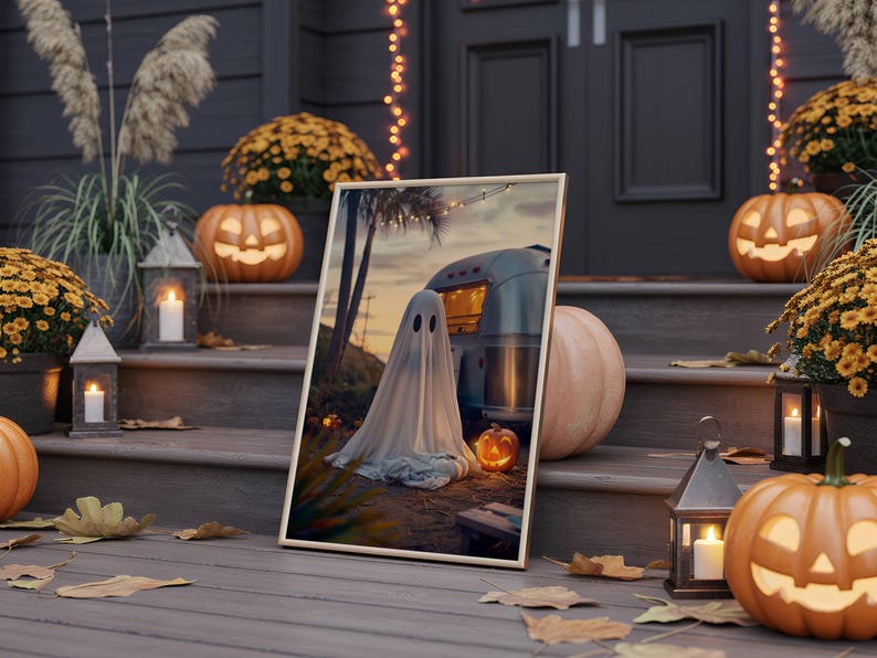 Cute spooky Summerween ghost camping poster print, Halloween wall art with silver camper, pumpkins, and autumn lights.