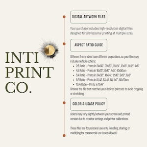 May include: Digital artwork files for printing in various sizes. The text "INTI PRINT CO." is displayed in a bold, stylized font. The aspect ratio guide lists different print sizes in inches and centimeters. The color and usage policy states that the files are for personal use only.