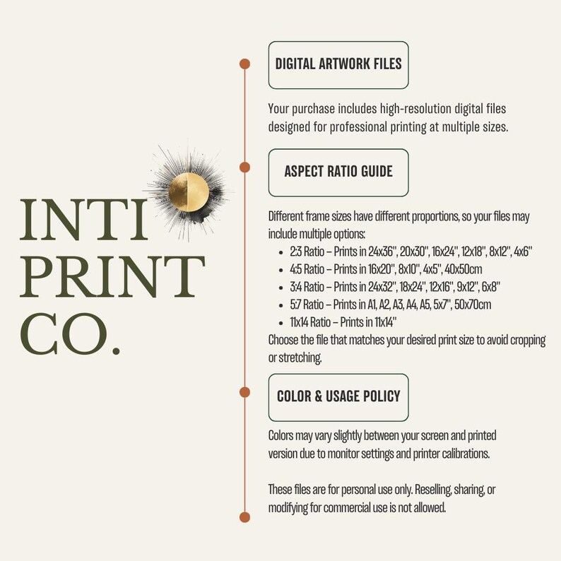 May include: Digital artwork files for printing in various sizes. The text "INTI PRINT CO." is displayed in a bold, stylized font. The aspect ratio guide lists different print sizes in inches and centimeters. The color and usage policy states that the files are for personal use only.