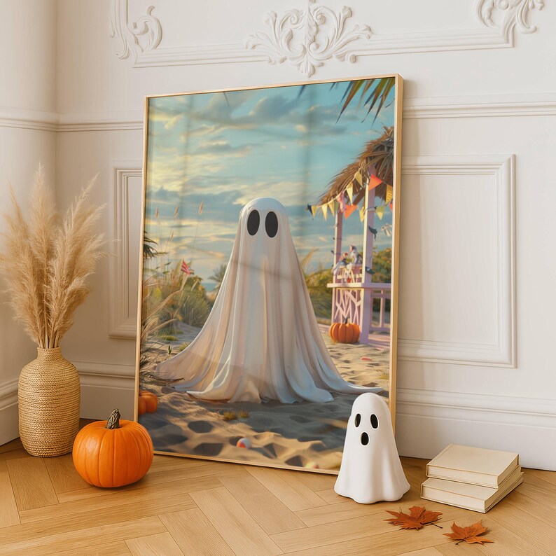 Summerween ghost beach art poster print, cute spooky coastal Halloween wall art with ghost standing on sandy beach.