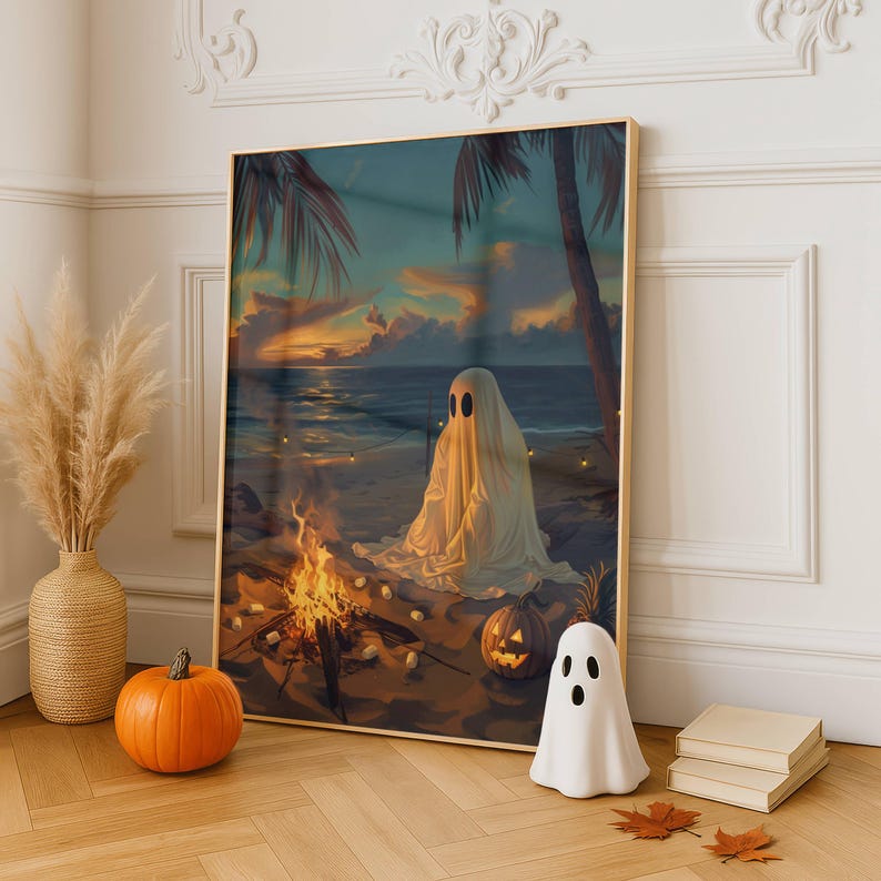 Summerween ghost beach art poster print, cute spooky coastal Halloween wall art with ghost standing on sandy beach.