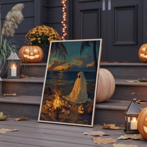 Cute spooky Summerween ghost camping poster print, Halloween wall art with silver camper, pumpkins, and autumn lights.