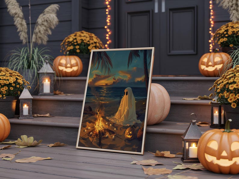 Cute spooky Summerween ghost camping poster print, Halloween wall art with silver camper, pumpkins, and autumn lights.