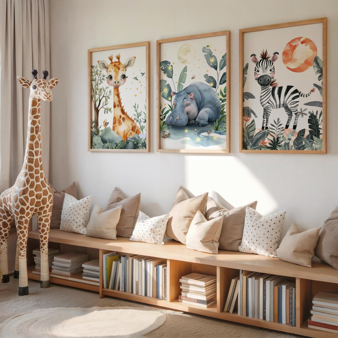 Safari Animal Nursery Prints, Watercolor Jungle Animal Gallery Art Set ...