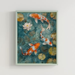 oi pond triptych print featuring three panels of vibrant koi fish swimming among lily pads in a tranquil pond. Aesthetic koi pond painting with a serene, zen-inspired design, perfect for Japanese home decor and modern interiors