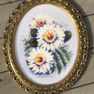 Original Vintage Artwork Linda Hawkins Saquaro White Flower Painting - Frame made in Italy