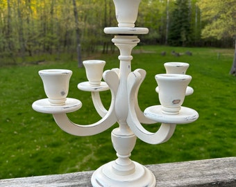 Vintage wood white 5 arm shabby distressed candelabra candle holder candleabra