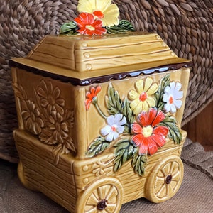 Vintage Fred Roberts Flower Wagon Cookie Jar Canister Daisy Floral Wheel yellow orange