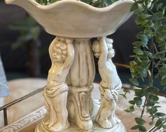 Vintage ceramic pedestal bowl compote angel cherubs cream ivory centerpiece statue