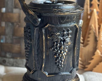 Vintage faux wood black and gold plastic ice bucket brown carved grapes