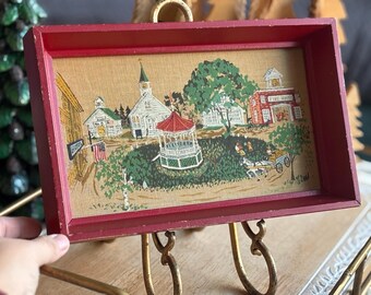Vintage art in red frame The Village Square by Ephram Brown fabric base
