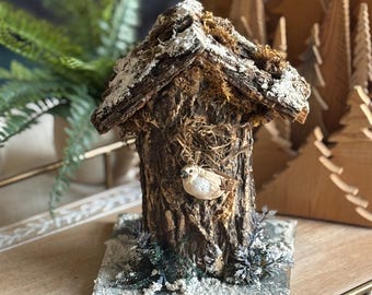 Vintage rustic handmade standing wood birdhouse faux snow branches winter scene holiday bird tree trunk Christmas