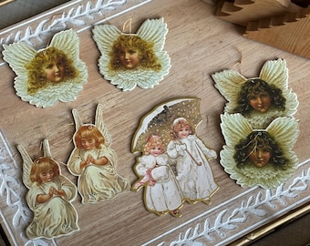 Vintage Merrimack Christmas ornaments set of 7 paper cardboard double sided angel head girls