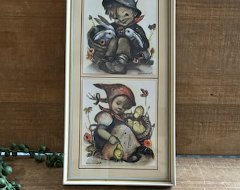 Vintage Hummel picture frame little boy girl bunnies chicks retro wall decor