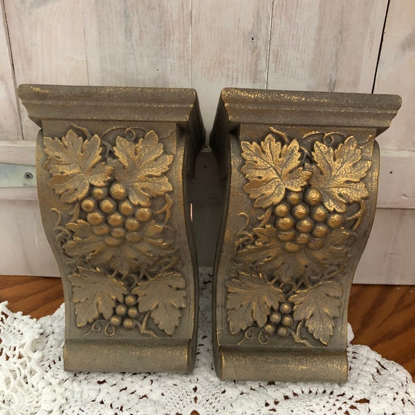 Vintage set of 2 gray brown gold korbel shelves wall decor leaves grapes