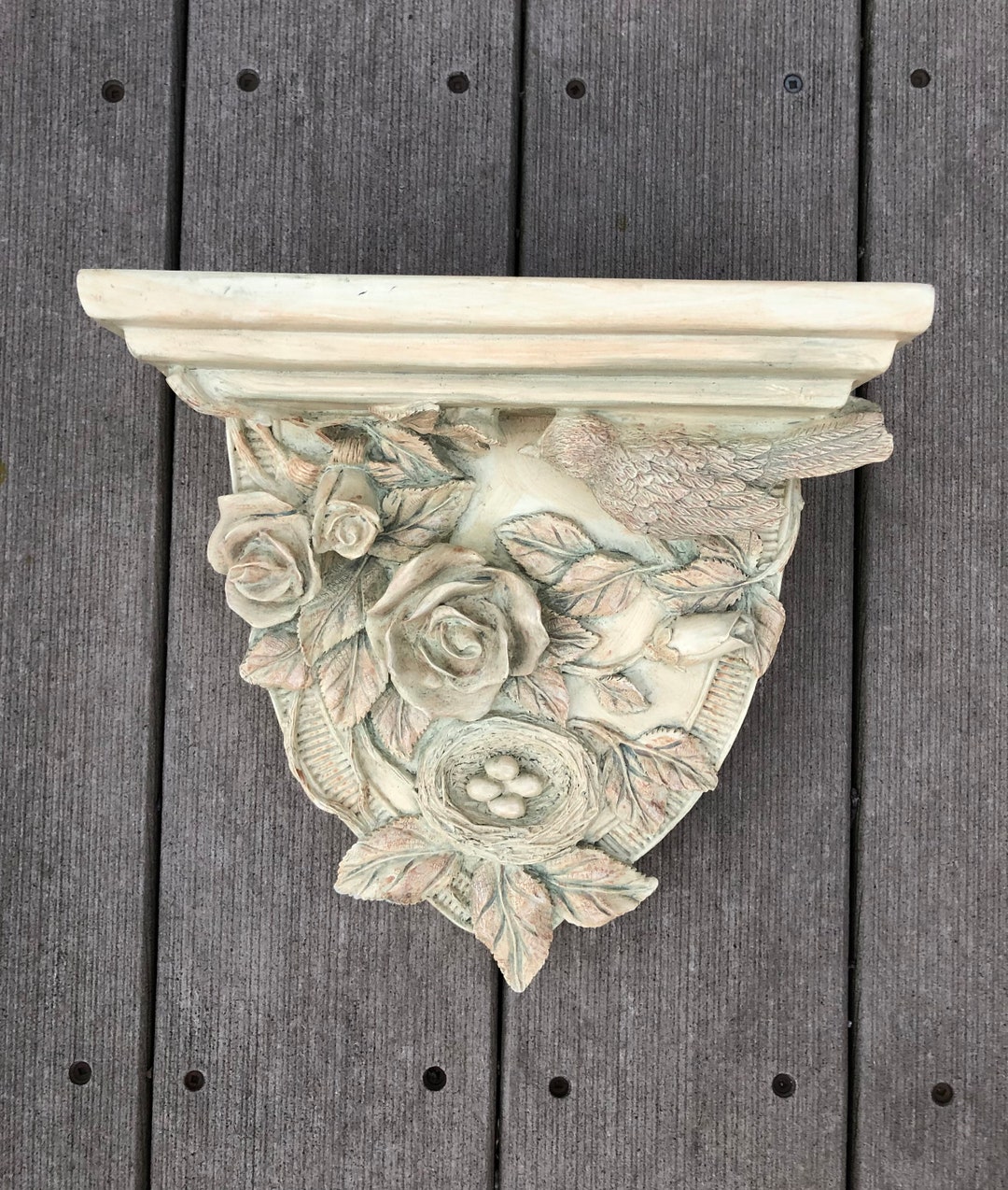 Unique Vintage Cream Wall Shelf With Bird Nest Flowers Branch Etsy