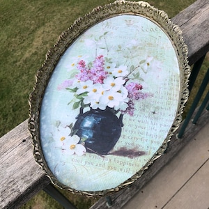 SALE Vintage Gold Filigree Oval Dresser Vanity Mirror Tray with Feet