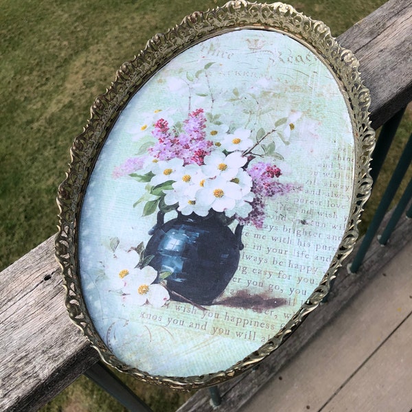 SALE Vintage Gold Filigree Oval Dresser Vanity Mirror Tray with Feet