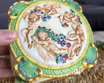 Vintage ornate ceramic ornate yellow green angel Maruhon Ware Japan trinket box with lid