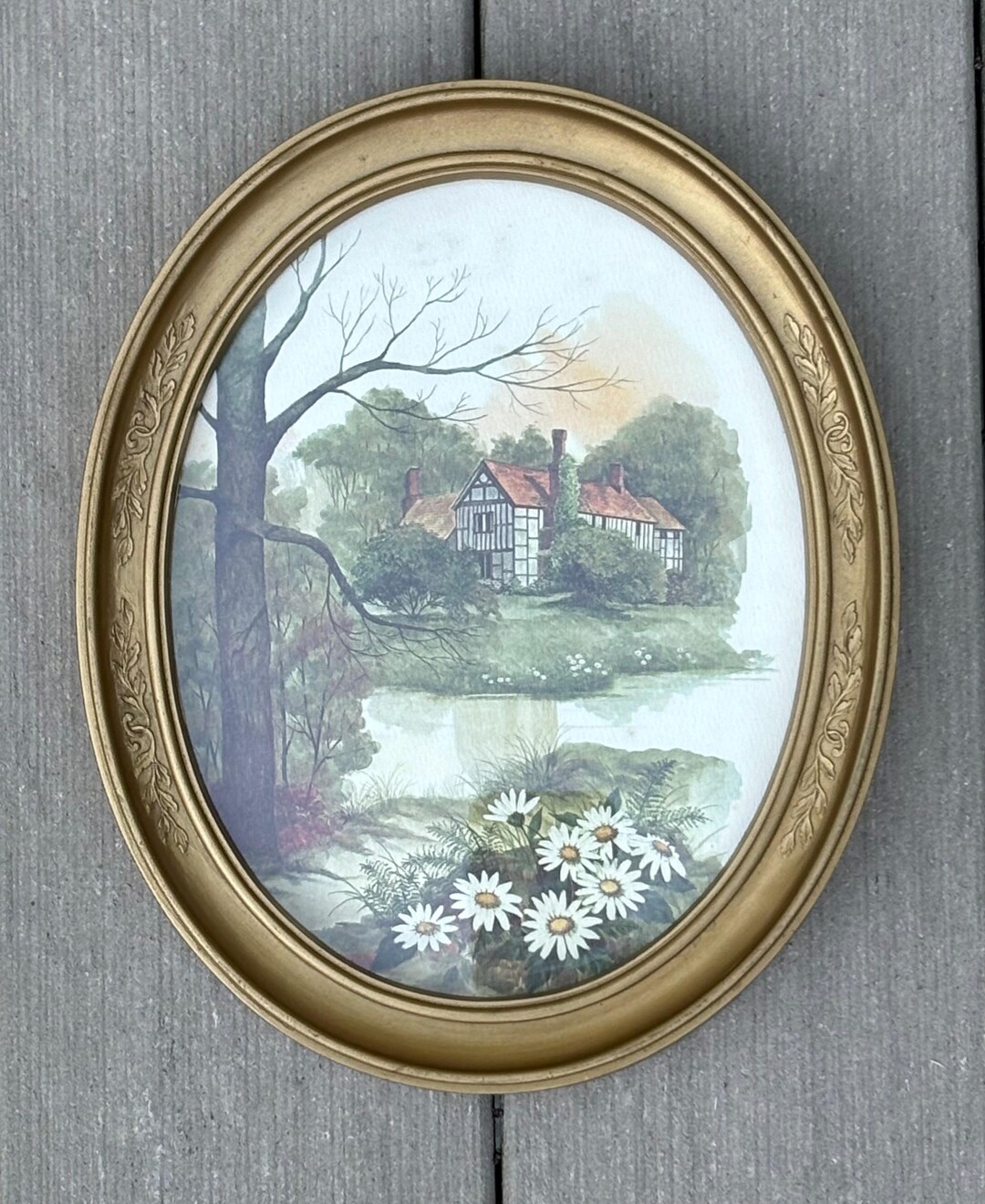 Vintage Homco 1980s Oval Gold Frame With Country Scene Daisies River ...