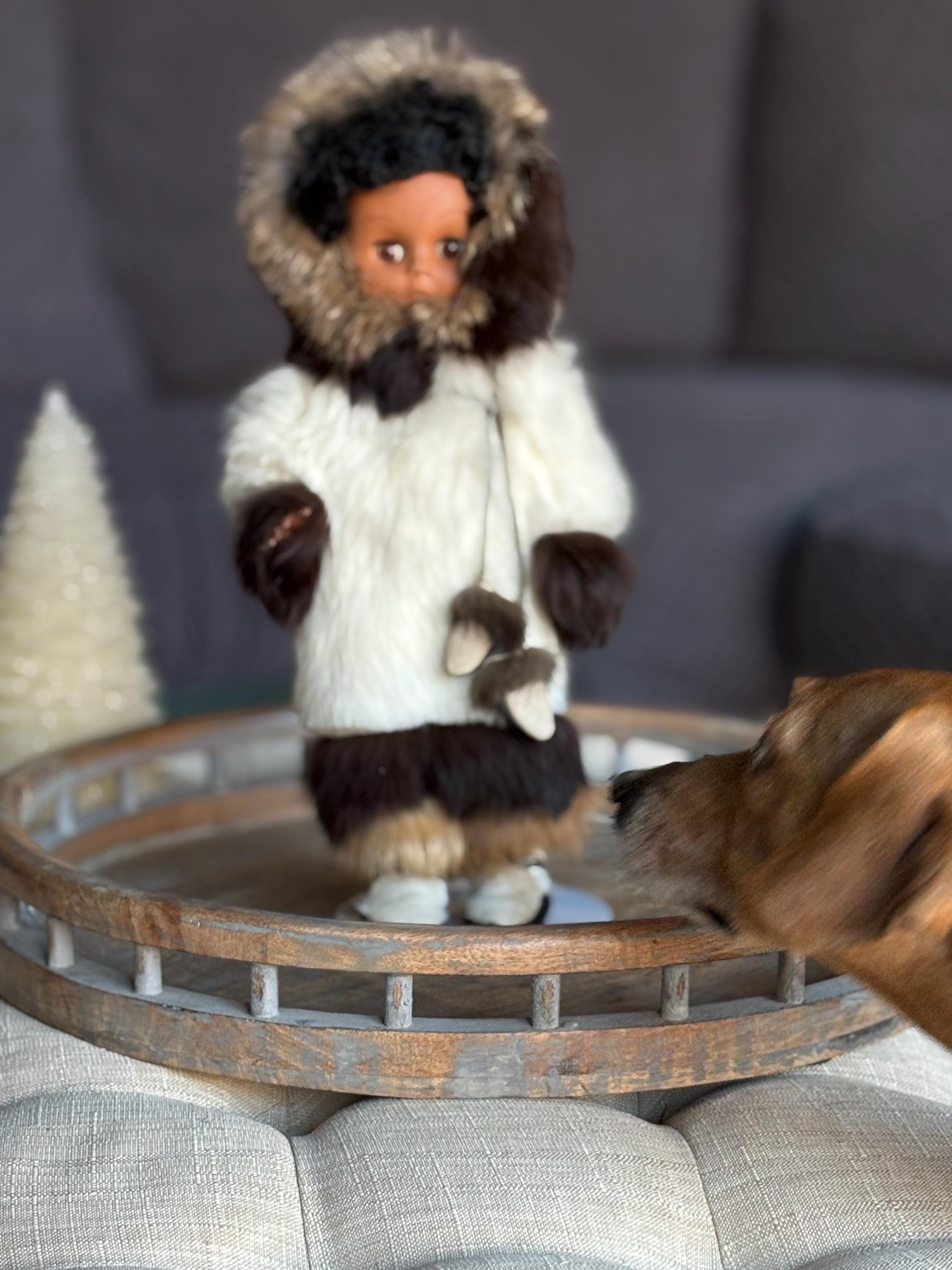Vintage Alaskan Inuit Eskimo Plastic Girl Doll Real Fur Suede