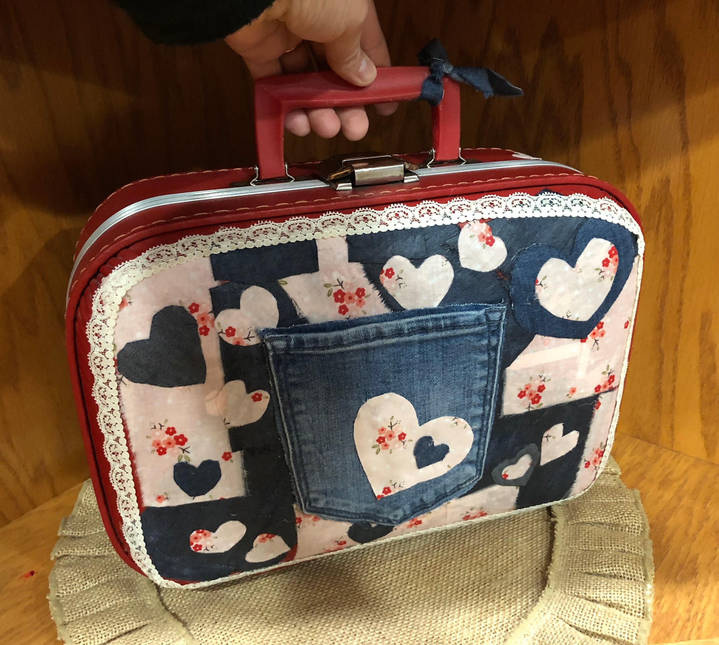 Child's small suitcase Going to Grandmas denim red pink floral