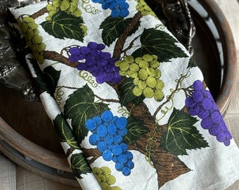 Vintage Lois Long Linen Tea Towel Green purple grape vine pattern