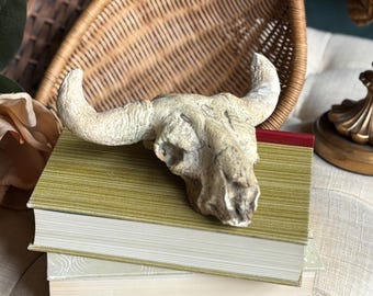 Vintage Carved Stone Bull Skull: Rustic Cowboy Decor