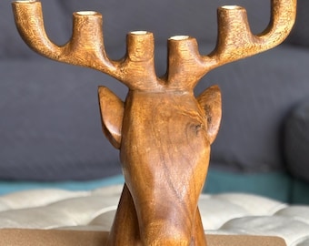 Vintage hand carved wood stag deer buck reindeer candle holder antler candelabra rustic cabin nature