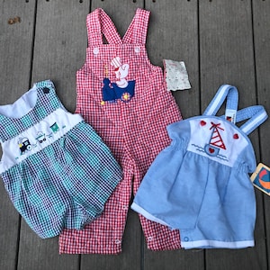 Vintage new baby boy clothes onesie red blue plaid 6-12 months