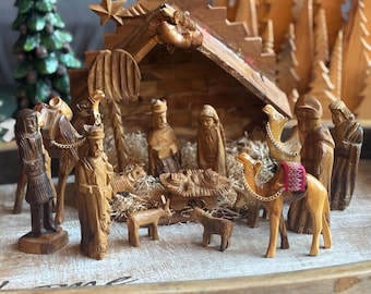 Vintage Hand Carved Wood Nativity Set from the Holy Land Stable 15 piece set Christmas holiday