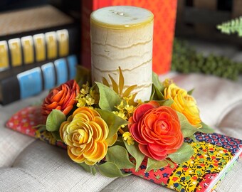 Vintage faux floral votive candle holder yellow orange faux sola plastic greenery retro