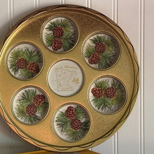 May include: A round gold-toned metal serving tray featuring a central circular illustration of the state of Minnesota with text, surrounded by six smaller circular insets, each displaying a detailed graphic of green pine needles and brown pinecones.