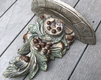 Vintage heavier ornate wall shelf display gold brown green cream