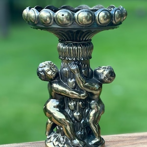 Vintage metal Cherubs Angels Hearts  Metal Dish Ornate Statue Holder Hollywood Regency Patina