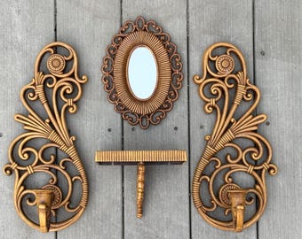 Vintage 4 piece set - 2 candle sconces - - matching shelf - oval mirror by Dart 1970s faux brown wicker boho wall decor