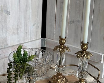 Ornate Hollywood Regency vintage set of a crystal pedestal compote bowl with 2 gold gilded brass candle holders and rare oil candles