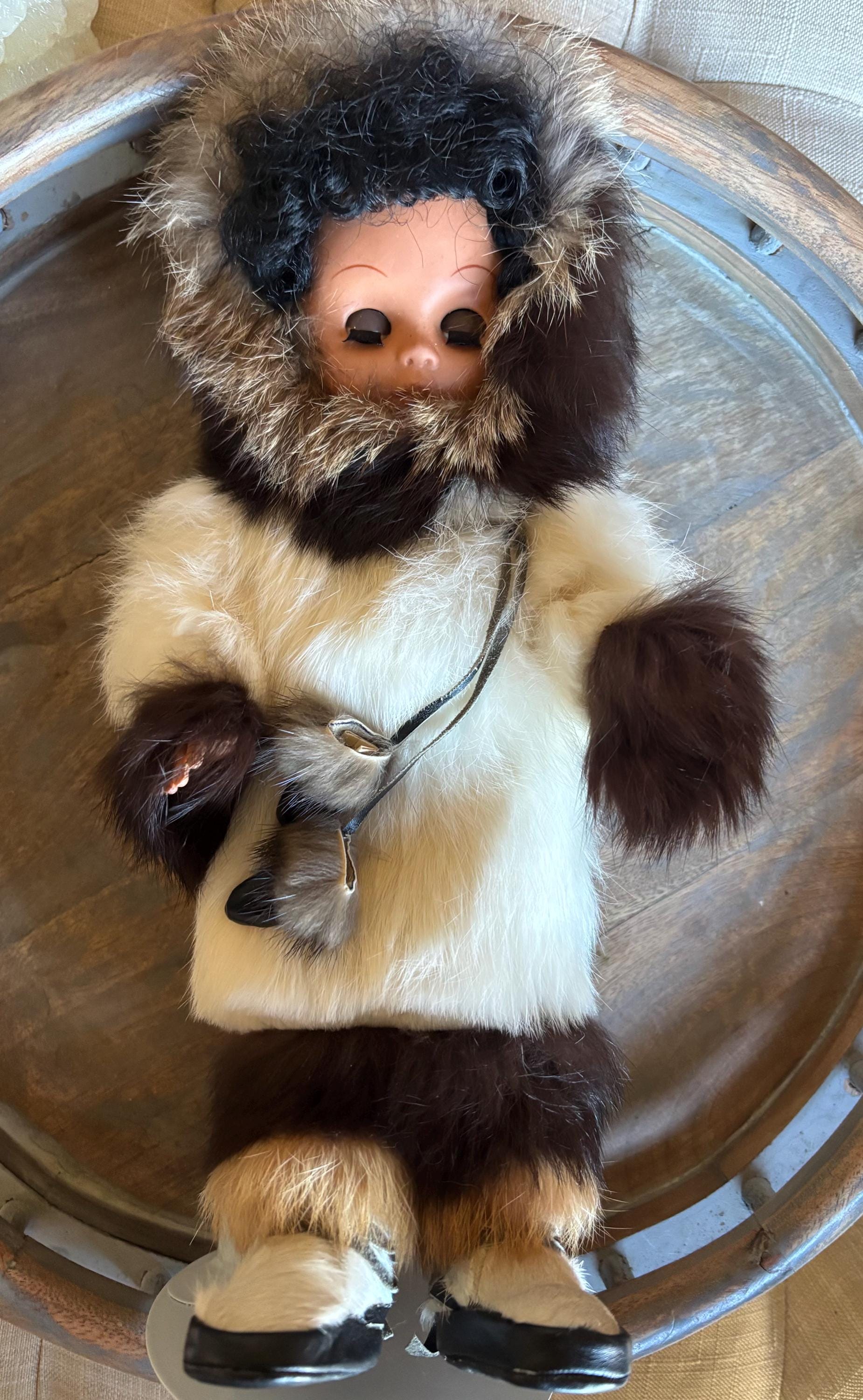 Vintage Alaskan Inuit Eskimo Plastic Girl Doll Real Fur Suede