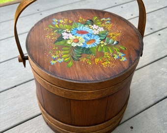 Antique primitive wood firkin sugar storage bucket pail lid handpainted floral staves bentwood handle
