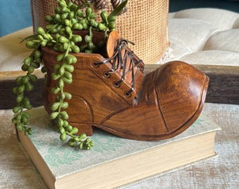 Vintage handmade carved wooden boot leather laces shoe folklore nursery Folk Art