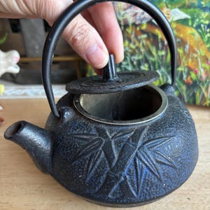 May include: A small, dark blue cast iron teapot with a black handle and lid. The teapot features a bamboo leaf design and a built-in infuser. The lid is being lifted to reveal the infuser. The teapot is approximately 5 inches in diameter.