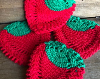 Vintage handmade strawberry pot holder knitted crocheted  hot pad  trivet