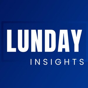Puede incluir: Un fondo azul con una caja blanca que contiene el texto "LUNDAY INSIGHTS" en blanco.