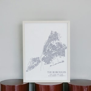 NYC Map Print, Minimalist Wall Art, Modern Home Decor, Black and White, Yankee Blue - The Boroughs