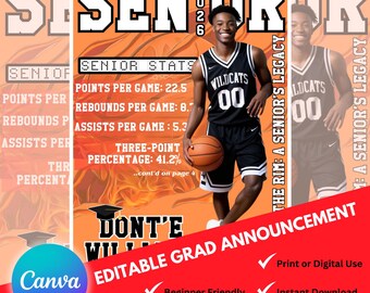 Capa de revista para formatura de jogador de basquete | Anúncio de formatura esportivo editável (Canva)