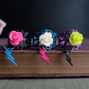 Electric, Lighting Bolt, Lighting Strike, Rose, Flower Cameo Adjustable Ring