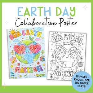 Op de afbeelding: Een gezamenlijke poster voor Earth Day met de tekst "Earth Day Collaborative Poster". De poster toont een lachende aarde met een hartvormige zonnebril, met de woorden "Our Earth Matters!". Een zwart-wit versie is ook inbegrepen.