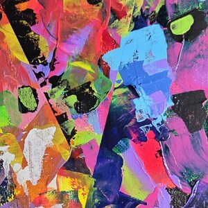 May include: Abstract painting with thick brushstrokes in a vibrant array of colours. The artwork features bold applications of paint in shades of red, blue, pink, yellow, and black, creating a textured and dynamic composition.